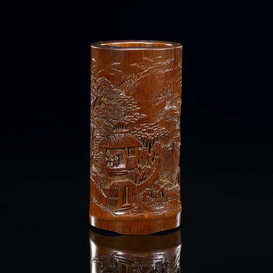 A CARVED LANDSCAPE BAMBOO BRUSHPOT