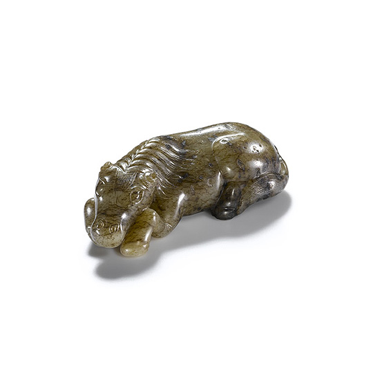 A GREY JADE RECUMBENT HORSE