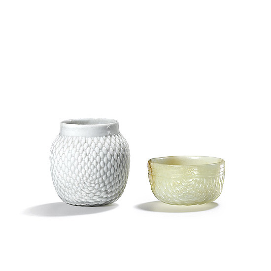 A WHITEWARE AND A JADE BASKETWEAVE CUP