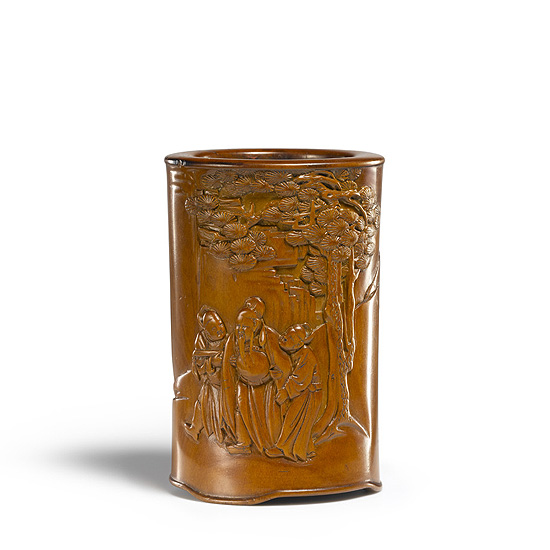 A CARVED BOXWOOD BRUSHPOT