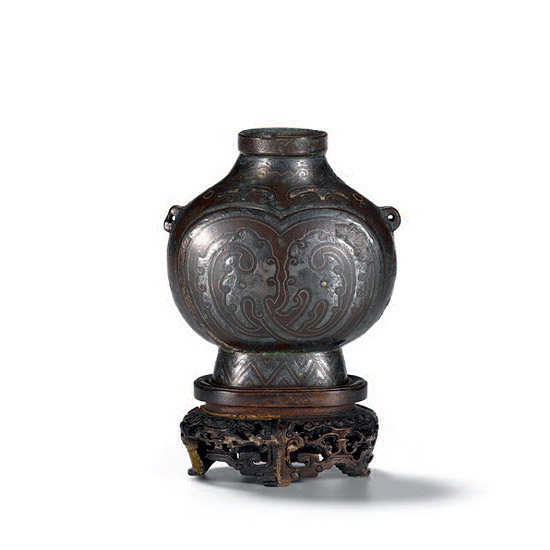 A MINIATURE INLAID BRONZE PILGRIM FLASK