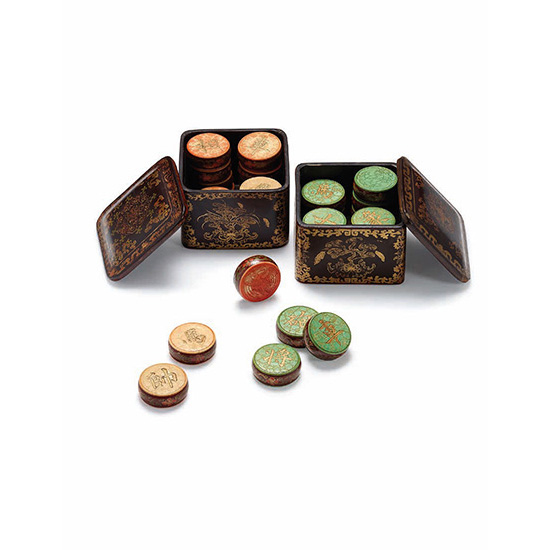 AN IMPERIAL SET OF IVORY ‘XIANGQI’ PIECES WITH PAINTED LACQUER COVERED BOXES