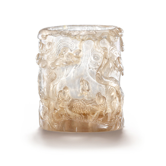 A CARVED ROCK CRYSTAL BRUSHPOT